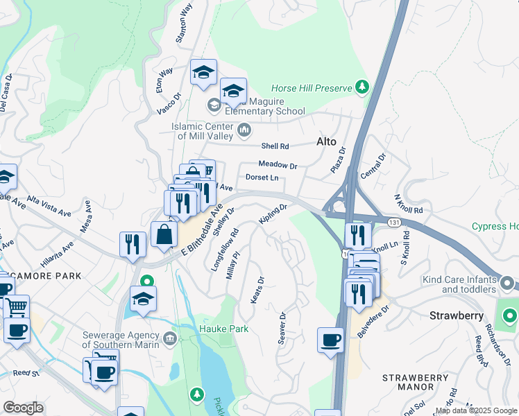 map of restaurants, bars, coffee shops, grocery stores, and more near 17 Shelley Drive in Mill Valley