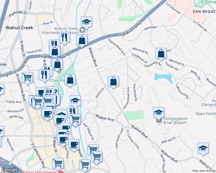 map of restaurants, bars, coffee shops, grocery stores, and more near 2748 Walnut Boulevard in Walnut Creek