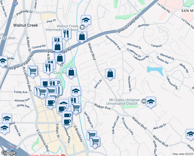 map of restaurants, bars, coffee shops, grocery stores, and more near 114 Sharene Lane in Walnut Creek