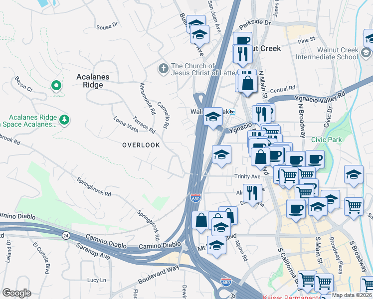 map of restaurants, bars, coffee shops, grocery stores, and more near 111 Vista Hermosa in Walnut Creek