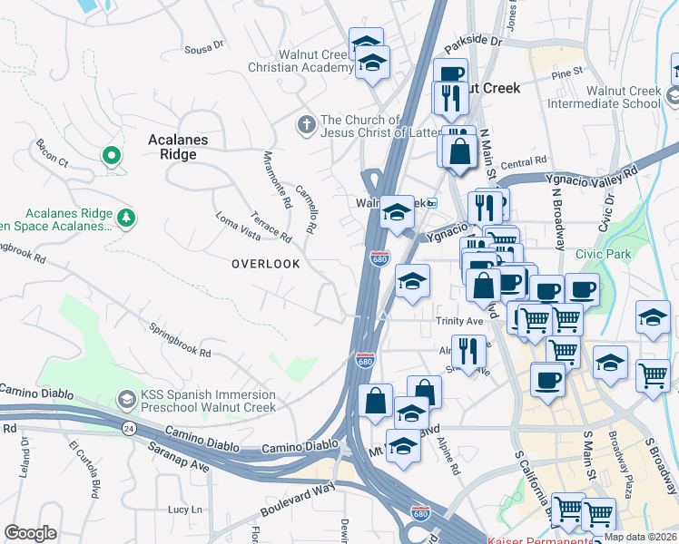 map of restaurants, bars, coffee shops, grocery stores, and more near 111 Vista Hermosa in Walnut Creek