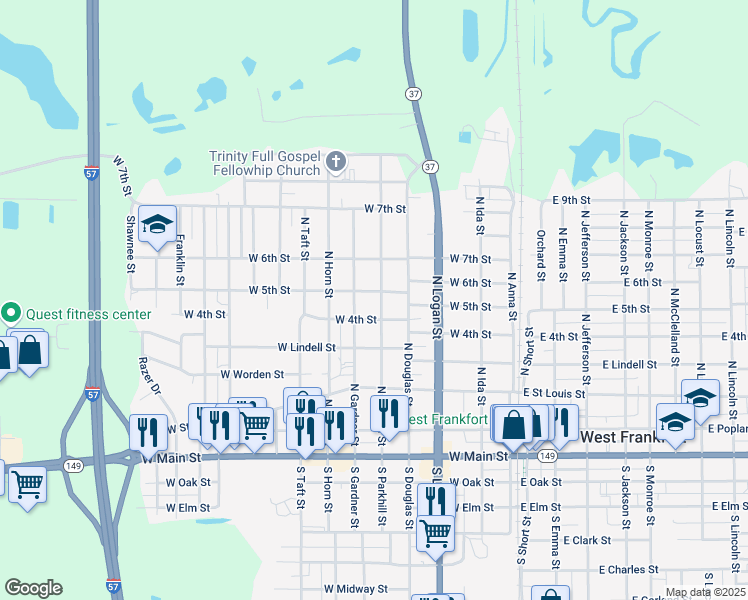 map of restaurants, bars, coffee shops, grocery stores, and more near 500-598 West 5th Street in West Frankfort