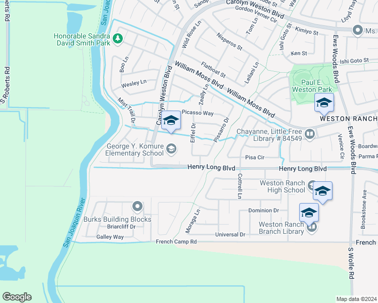 map of restaurants, bars, coffee shops, grocery stores, and more near 4551 Eiffel Drive in Stockton
