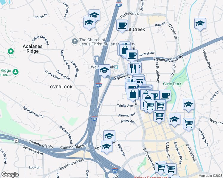 map of restaurants, bars, coffee shops, grocery stores, and more near 1869 Lacassie Avenue in Walnut Creek