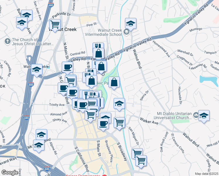 map of restaurants, bars, coffee shops, grocery stores, and more near 1761 Carmel Drive in Walnut Creek