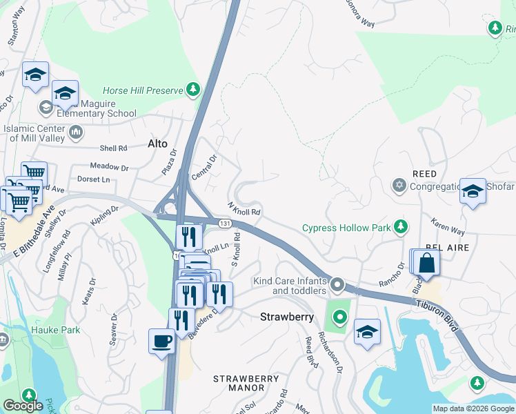 map of restaurants, bars, coffee shops, grocery stores, and more near 2 Eagle Rock Road in Mill Valley