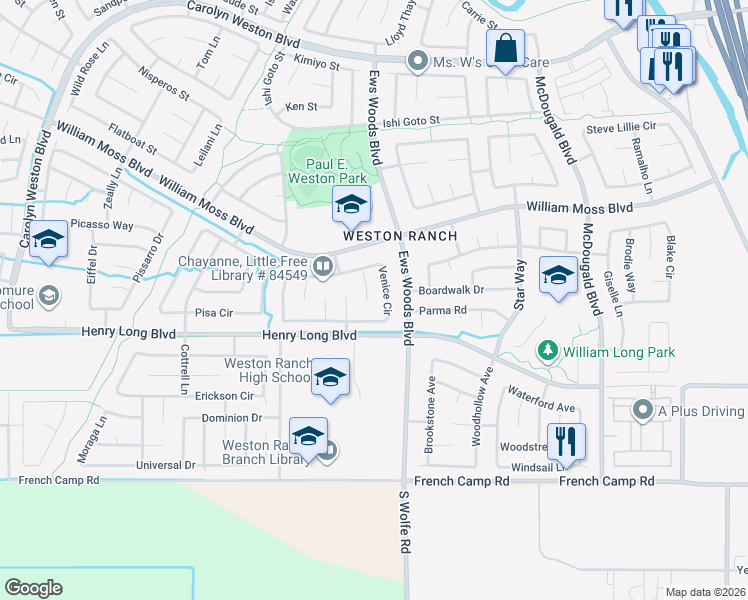 map of restaurants, bars, coffee shops, grocery stores, and more near 4303 Bellettini Court in Stockton