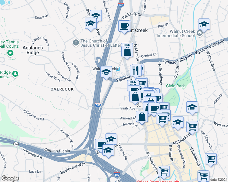 map of restaurants, bars, coffee shops, grocery stores, and more near 1869 Lacassie Avenue in Walnut Creek