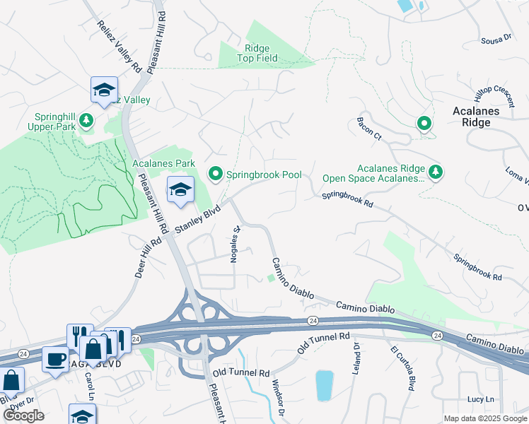 map of restaurants, bars, coffee shops, grocery stores, and more near 3174 Sunridge Court in Lafayette