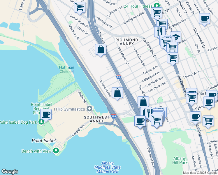 map of restaurants, bars, coffee shops, grocery stores, and more near 5210 Sacramento Avenue in Richmond