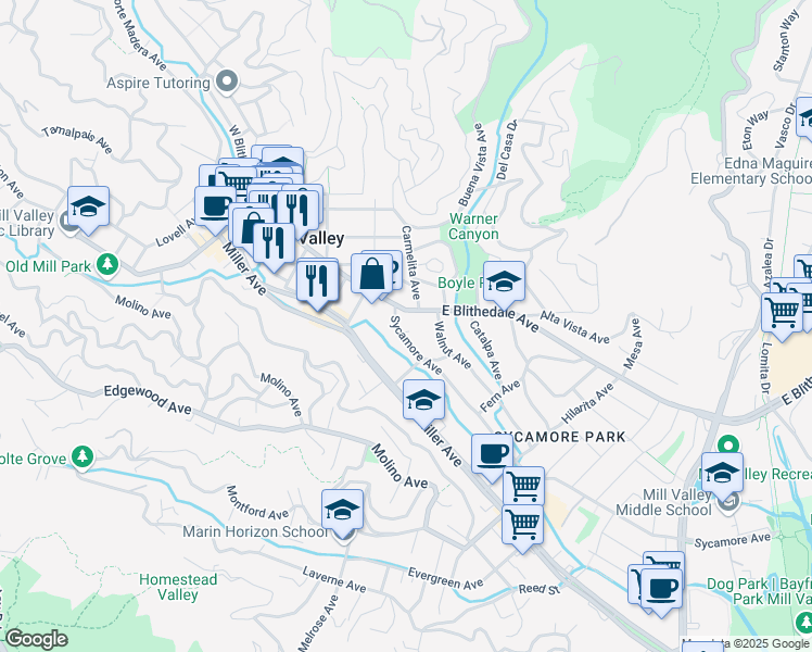 map of restaurants, bars, coffee shops, grocery stores, and more near 268 East Blithedale Avenue in Mill Valley