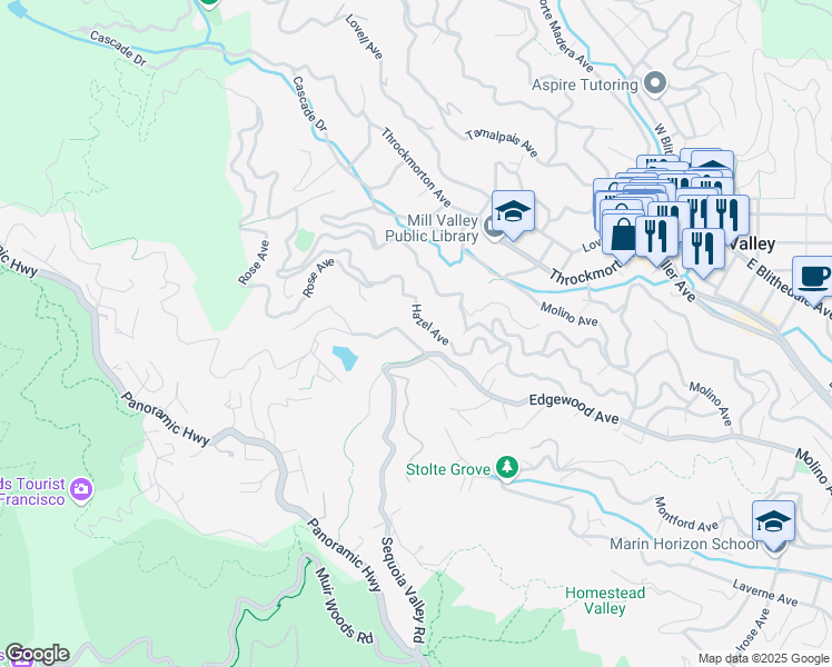 map of restaurants, bars, coffee shops, grocery stores, and more near 131 Hazel Avenue in Mill Valley