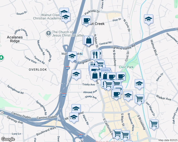 map of restaurants, bars, coffee shops, grocery stores, and more near 1727 Lacassie Avenue in Walnut Creek