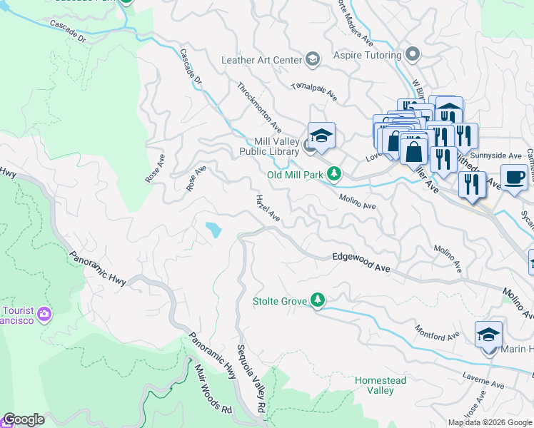 map of restaurants, bars, coffee shops, grocery stores, and more near 119 Hazel Avenue in Mill Valley