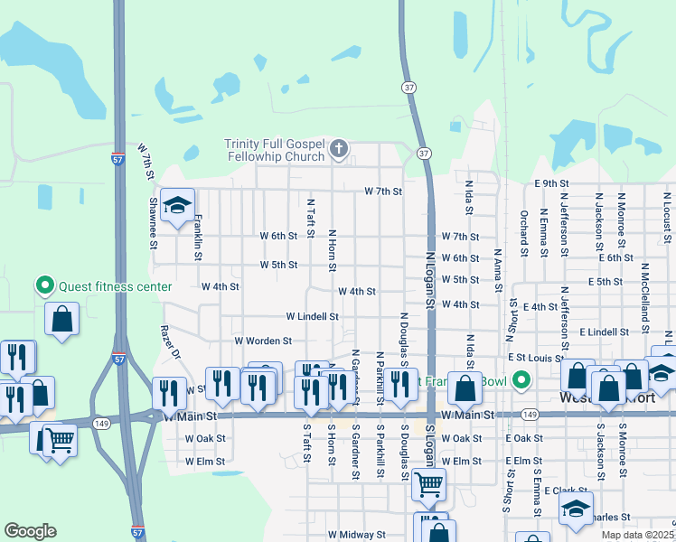 map of restaurants, bars, coffee shops, grocery stores, and more near 505 North Horn Street in West Frankfort