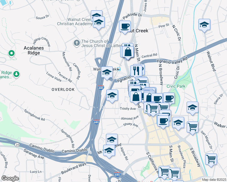 map of restaurants, bars, coffee shops, grocery stores, and more near 1865 Lacassie Avenue in Walnut Creek