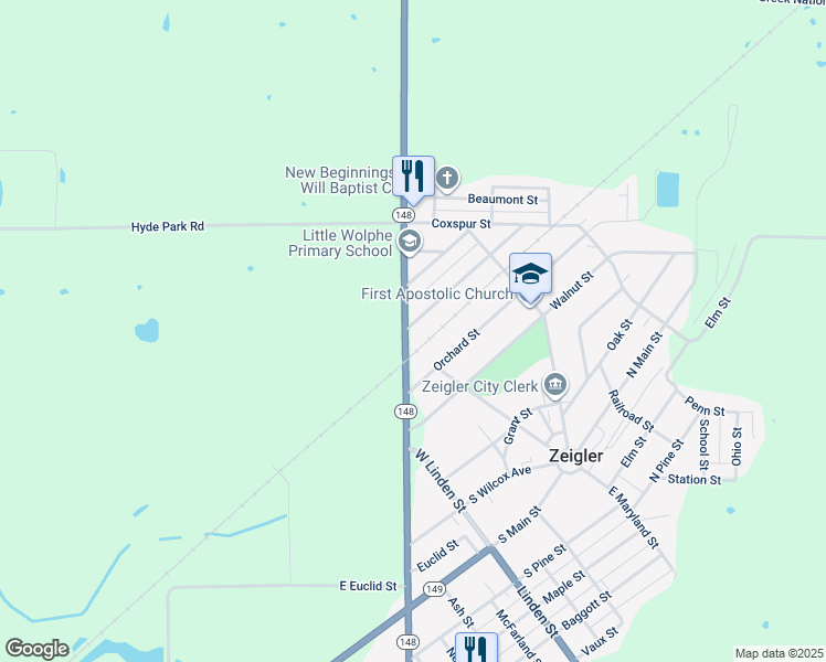 map of restaurants, bars, coffee shops, grocery stores, and more near 100 Prairie Street in Zeigler