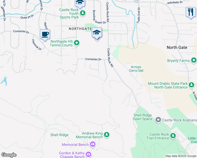 map of restaurants, bars, coffee shops, grocery stores, and more near 2897 Spring Creek Lane in Walnut Creek