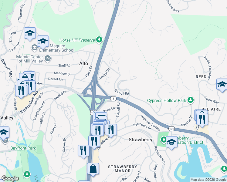 map of restaurants, bars, coffee shops, grocery stores, and more near 47 North Knoll Road in Mill Valley