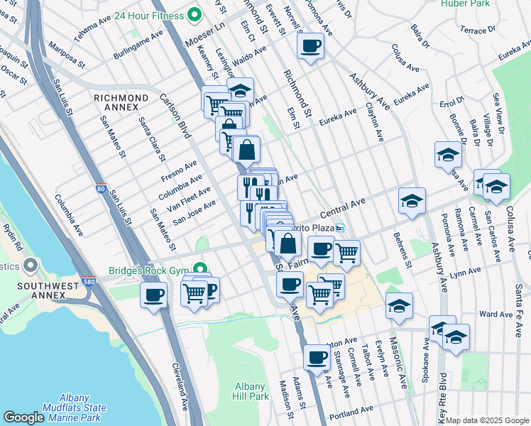 map of restaurants, bars, coffee shops, grocery stores, and more near 10125 San Pablo Avenue in El Cerrito