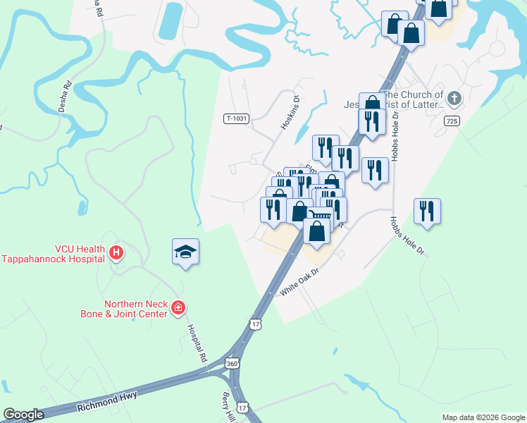 map of restaurants, bars, coffee shops, grocery stores, and more near 1131 Settlers Landing Drive in Tappahannock