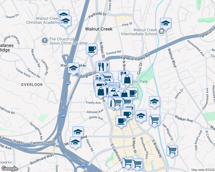 map of restaurants, bars, coffee shops, grocery stores, and more near 1701-1799 Locust St in Walnut Creek