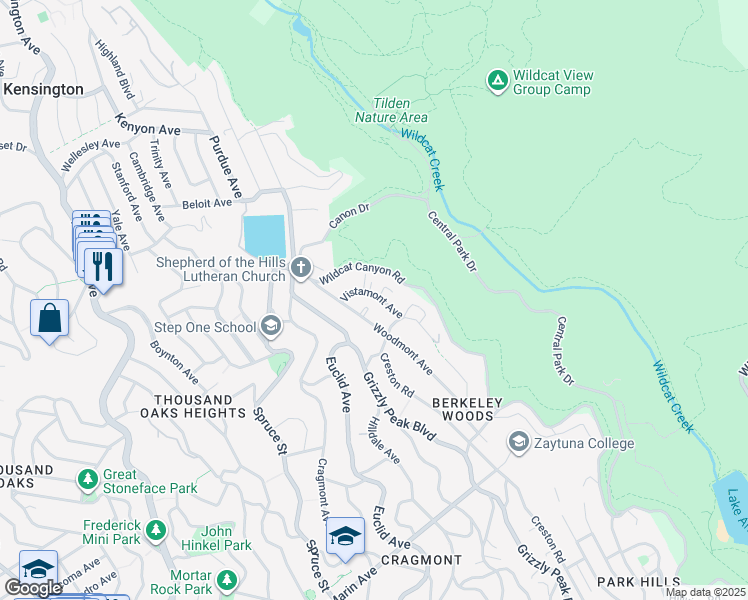 map of restaurants, bars, coffee shops, grocery stores, and more near 568 Vistamont Avenue in Berkeley
