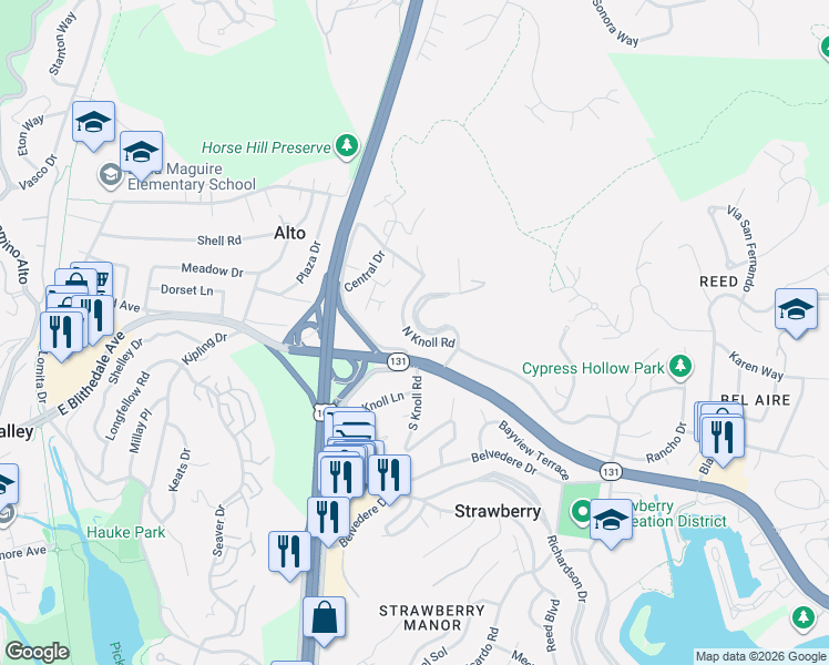 map of restaurants, bars, coffee shops, grocery stores, and more near 10 Eagle Rock Road in Mill Valley