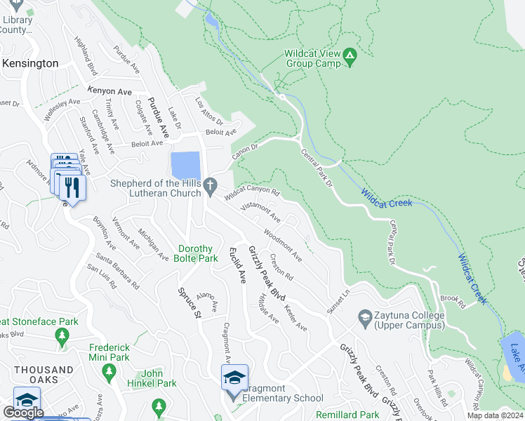 map of restaurants, bars, coffee shops, grocery stores, and more near 568 Vistamont Avenue in Berkeley