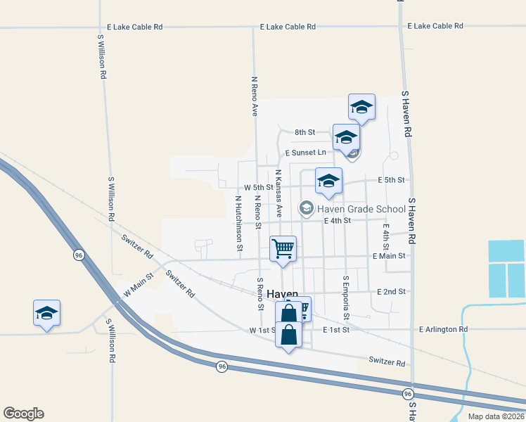 map of restaurants, bars, coffee shops, grocery stores, and more near 212 North Reno Street in Haven