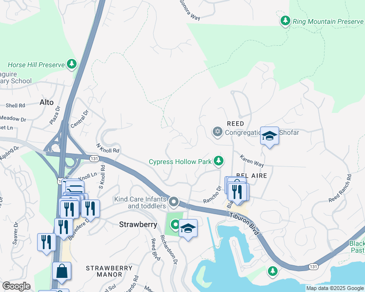 map of restaurants, bars, coffee shops, grocery stores, and more near 77 Via Los Altos in Tiburon