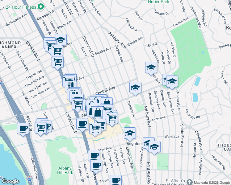 map of restaurants, bars, coffee shops, grocery stores, and more near 441 Everett Street in El Cerrito