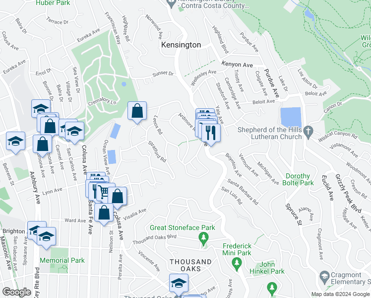map of restaurants, bars, coffee shops, grocery stores, and more near 169 Ardmore Road in Kensington