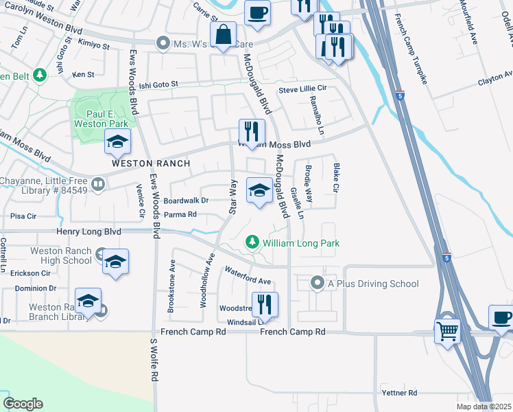 map of restaurants, bars, coffee shops, grocery stores, and more near 4223 McDougald Boulevard in Stockton