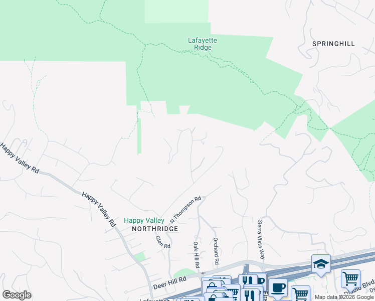 map of restaurants, bars, coffee shops, grocery stores, and more near 1201 Monticello Road in Lafayette