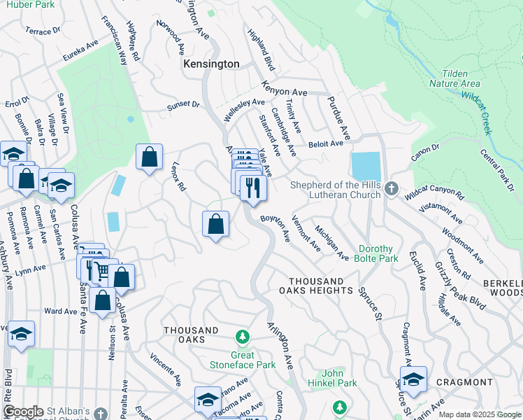map of restaurants, bars, coffee shops, grocery stores, and more near 409 Boynton Avenue in Kensington