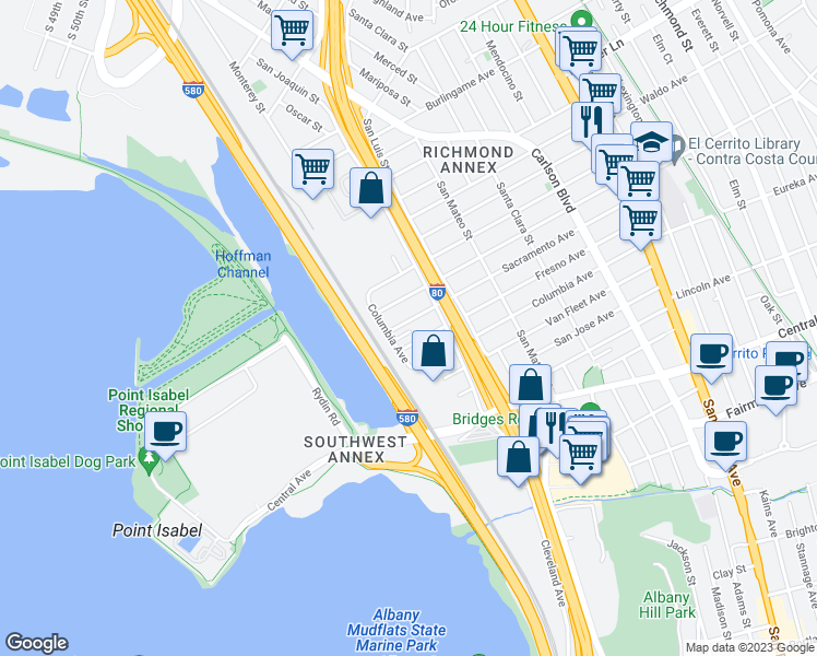 map of restaurants, bars, coffee shops, grocery stores, and more near 5140 Sacramento Avenue in Richmond