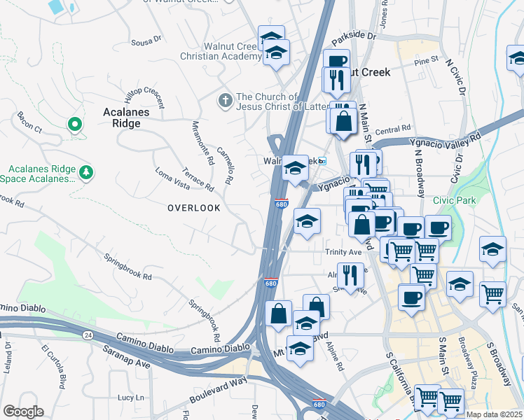 map of restaurants, bars, coffee shops, grocery stores, and more near 122 Vista Hermosa in Walnut Creek