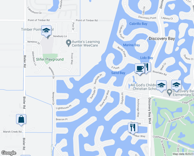 map of restaurants, bars, coffee shops, grocery stores, and more near 1761 Surfside Place in Discovery Bay