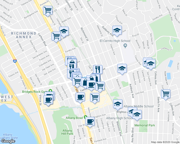 map of restaurants, bars, coffee shops, grocery stores, and more near 508 Liberty Street in El Cerrito