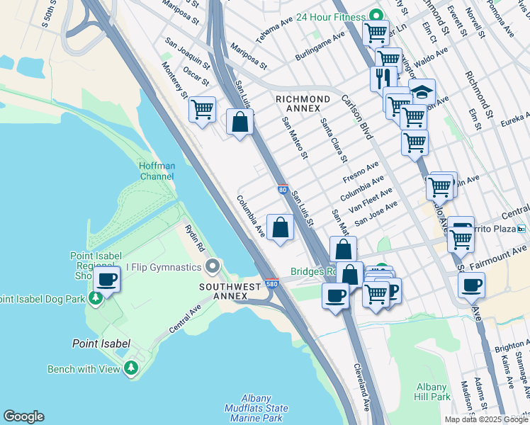 map of restaurants, bars, coffee shops, grocery stores, and more near 5210 Sacramento Avenue in Richmond