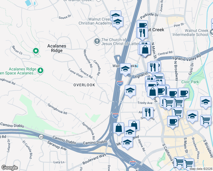 map of restaurants, bars, coffee shops, grocery stores, and more near Vista Hermosa in Walnut Creek