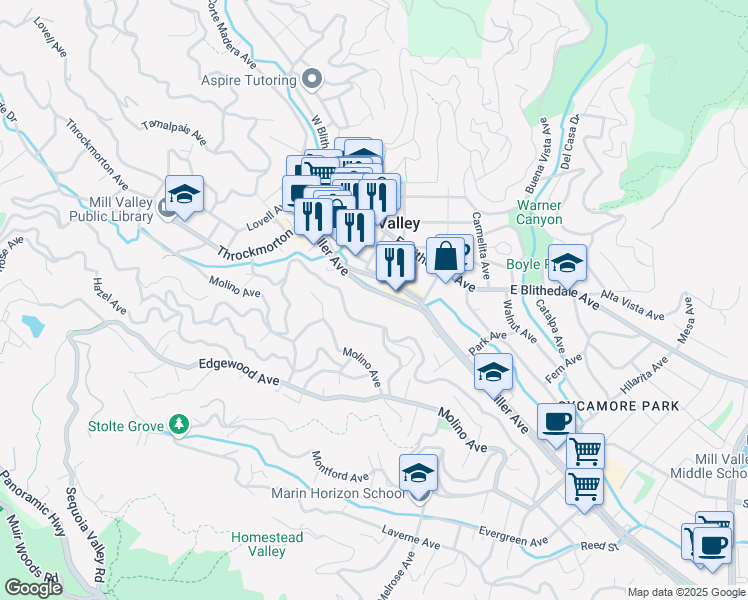 map of restaurants, bars, coffee shops, grocery stores, and more near 114 Miller Avenue in Mill Valley