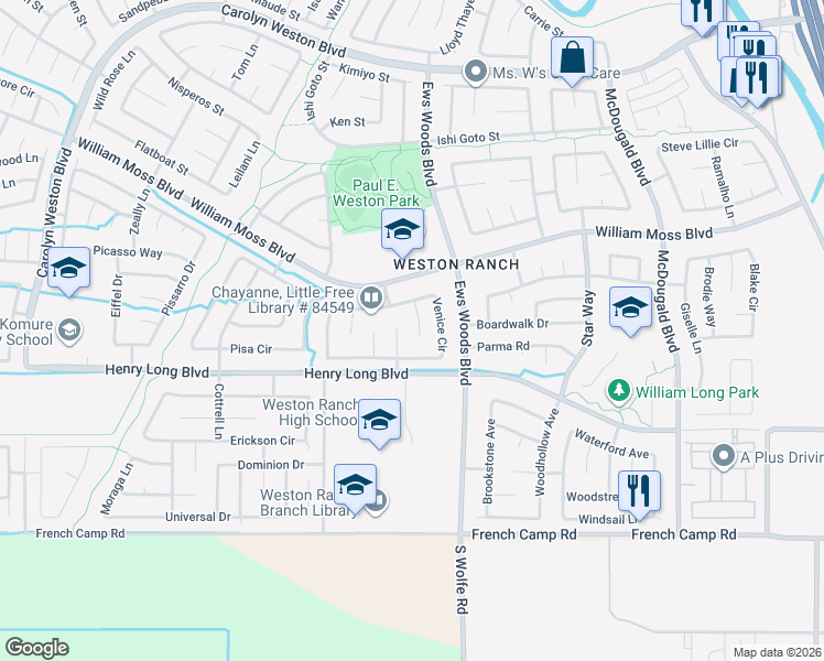 map of restaurants, bars, coffee shops, grocery stores, and more near 4303 Bellettini Court in Stockton