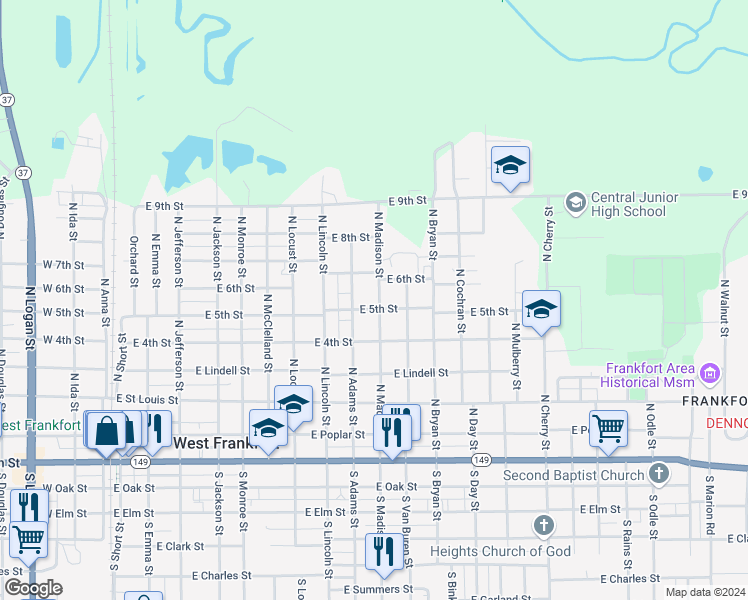 map of restaurants, bars, coffee shops, grocery stores, and more near 603 North Madison Street in West Frankfort