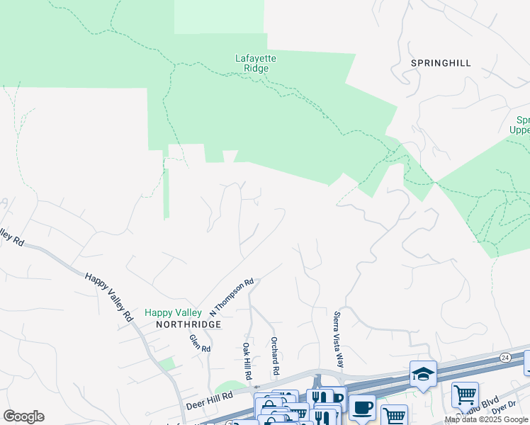 map of restaurants, bars, coffee shops, grocery stores, and more near 1193 Glen Road in Lafayette