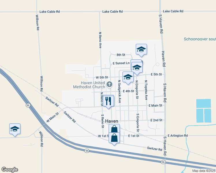 map of restaurants, bars, coffee shops, grocery stores, and more near 212 North Reno Street in Haven