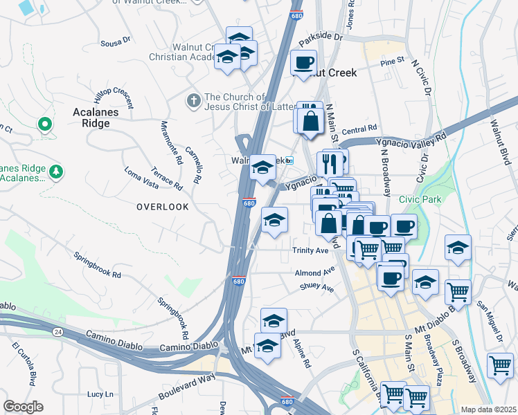 map of restaurants, bars, coffee shops, grocery stores, and more near 1869 Lacassie Avenue in Walnut Creek