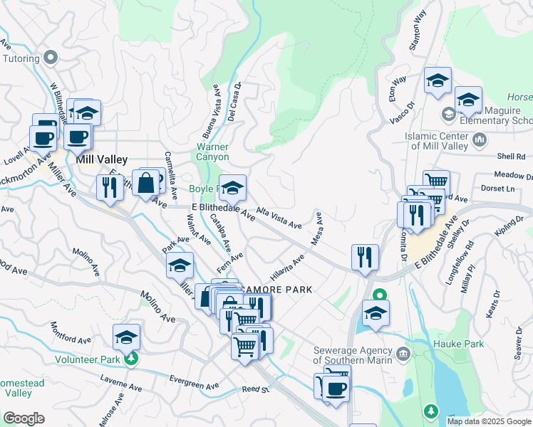 map of restaurants, bars, coffee shops, grocery stores, and more near 42 Alta Vista Avenue in Mill Valley