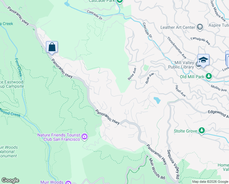 map of restaurants, bars, coffee shops, grocery stores, and more near 658 Edgewood Avenue in Mill Valley